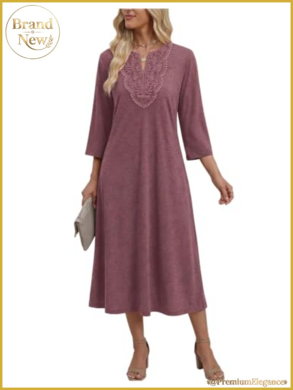 Women's 3/4 Sleeve Midi Dress V-Neck Lace Casual Sundress with Pockets